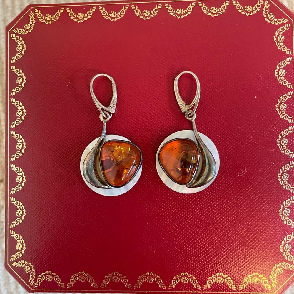 Amber and mother of pearl sterling silver earrings